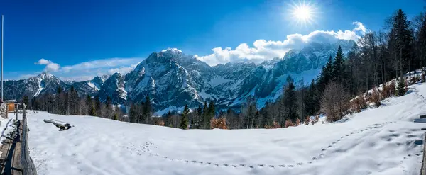 stock image Scenic view of the mountains in Valbruna and Val Saisera at the end of winter.