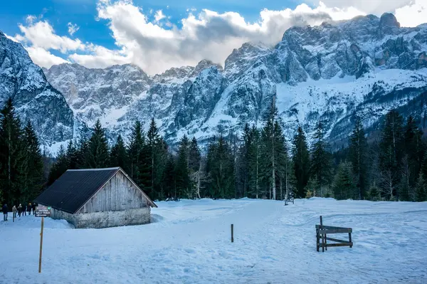 stock image Scenic view of the mountains in Valbruna and Val Saisera at the end of winter.