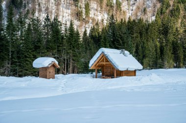 İtalyan Alplerindeki dağ evleri manzaralı.