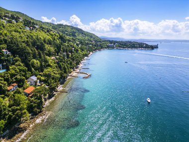 Kuzey Adriyatik kıyısında bir sahil beldesi olan Duino 'nun hava aracı görüntüsü
