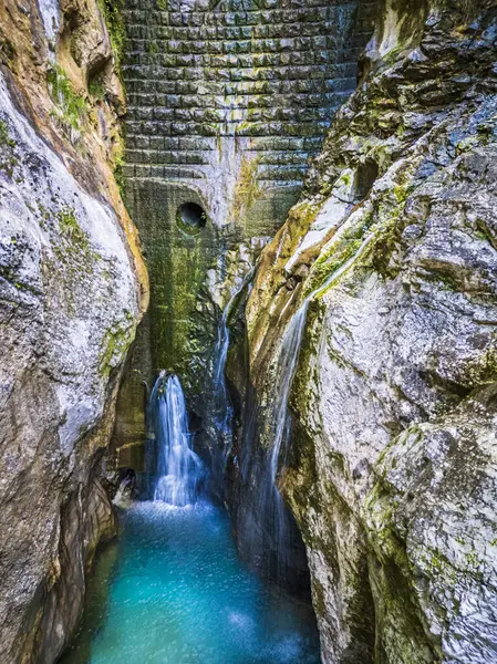 stock image Waterfall and dam in the Julian Prealps. Crosis, pearl of Tarcento. Nature and engineering