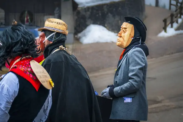 stock image Ancient carnival of Sauris. Traditional wooden masks, Italy on 18 February, 2023