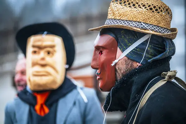 stock image Ancient carnival of Sauris. Traditional wooden masks, Italy on 18 February, 2023