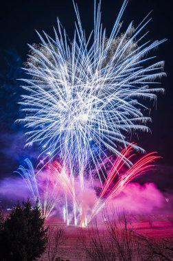 Bir dizi renkte parlak havai fişekler patlıyor ve gece gökyüzünü aydınlatıyor. 