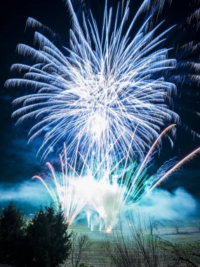 Bir dizi renkte parlak havai fişekler patlıyor ve gece gökyüzünü aydınlatıyor. 