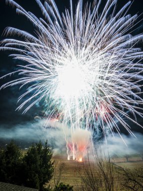 Bir dizi renkte parlak havai fişekler patlıyor ve gece gökyüzünü aydınlatıyor. 