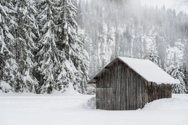 Stock image beautiful landscape with hut in winter mountains 