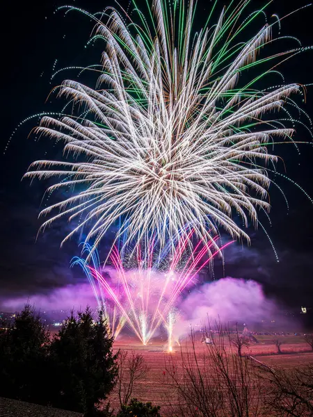 Bir dizi renkte parlak havai fişekler patlıyor ve gece gökyüzünü aydınlatıyor. 