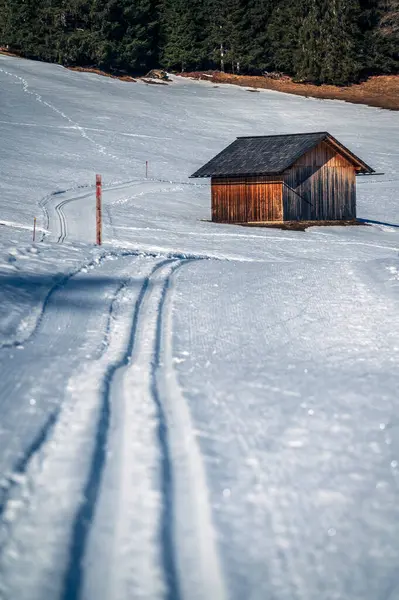 Val Fiscalina, Güney Tyrol 'da karla kaplı dağ tepesindeki ahşap ev manzarası