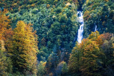 Val Raccolana 'da sonbahar. Şelaleler ve dereler. Julian Alps ve Fontanone di Goriuda