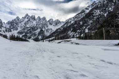 Gleris Valley. Winter in a wild valley in the Alps. Friulian Carnic Alps clipart