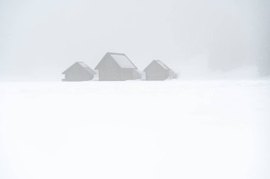 Kışın Sappada 'da evler kar yağışı sırasında, Veneto, İtalya 