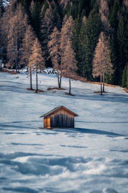 Kışın Fiscalina Vadisi 'nde ahşap kulübeler, Dolomitler, İtalya