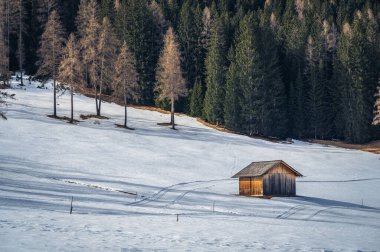 Kışın Fiscalina Vadisi 'nde ahşap kulübeler, Dolomitler, İtalya