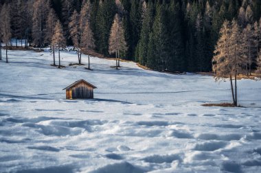 Kışın Fiscalina Vadisi 'nde ahşap kulübeler, Dolomitler, İtalya