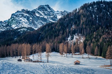 Kışın Fiscalina Vadisi 'nde ahşap kulübeler, Dolomitler, İtalya