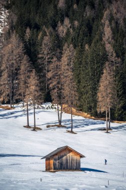 Kışın Fiscalina Vadisi 'nde ahşap kulübeler, Dolomitler, İtalya