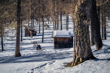 Kışın Fiscalina Vadisi 'nde ahşap kulübeler, Dolomitler, İtalya