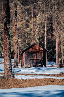 Kışın Fiscalina Vadisi 'nde ahşap kulübeler, Dolomitler, İtalya
