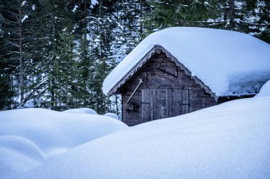 Tarvisio. Julian Alplerinin eteklerinde kışın Riofreddo vadisinde karlı evler