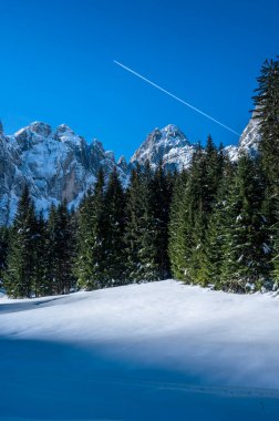 Tarvisio. Kışın Julian Alplerinin eteklerinde Riofreddo Vadisi
