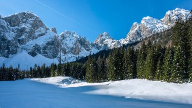 Tarvisio. Kışın Julian Alplerinin eteklerinde Riofreddo Vadisi