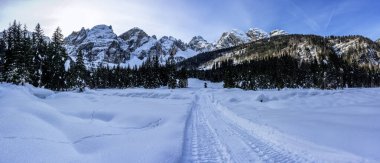 Tarvisio. Kışın Julian Alplerinin eteklerinde Riofreddo Vadisi
