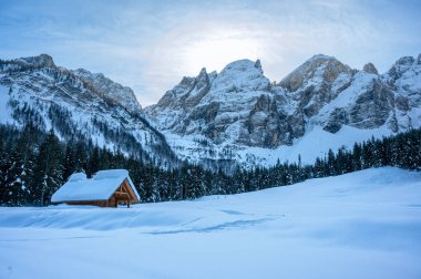 Tarvisio. Snowy houses in Riofreddo valley at  winter at the foot of the Julian Alps clipart