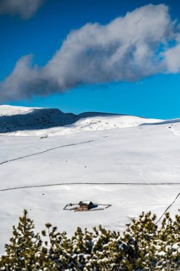 Kışın Renon Platosu 'nu keşfetmek. Dolomitlerin nefes kesici manzarası.