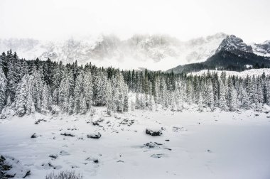 Carezza Gölü. Kışın Doğa Dolomitlerinin Manzarası.