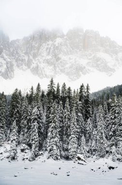 Carezza Gölü. Kışın Doğa Dolomitlerinin Manzarası.