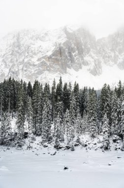 Carezza Gölü. Kışın Doğa Dolomitlerinin Manzarası.