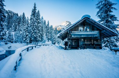 Nehirdeki evin manzarası Ormandaki kış dağları 
