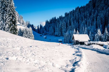 Karlı Dağların Altındaki Küçük Evler Sappada 'daki Buz Şafağı' nda. Dolomitlerin Manzarası.