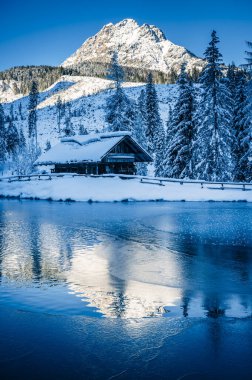 Göl kıyısındaki ahşap kulübe. Kış dağlarında ormanla çevrili. 