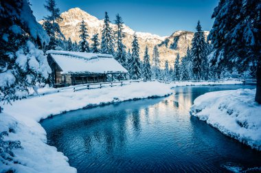 Kış dağlarında ormanla çevrili göldeki ahşap kulübe karla kaplıydı.  