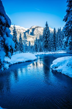 Kış dağlarında karla kaplı ağaçlarla çevrili göl manzarası 