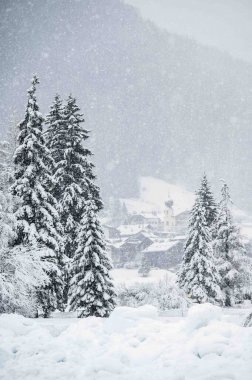 İtalya 'da şiddetli kar altında Val di Fassa' nın mücevheri Canazei 'nin manzaralı kış günü manzarası 