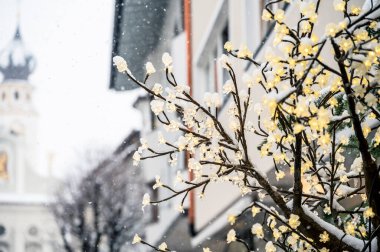 San Candido 'da kış manzarası. Noel zamanı kar altında Sihirli Val Pusteria