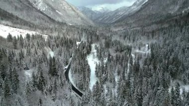 Yukarıdan seyrüsefer manzarası. İtalya 'da karla kaplı ormanlar