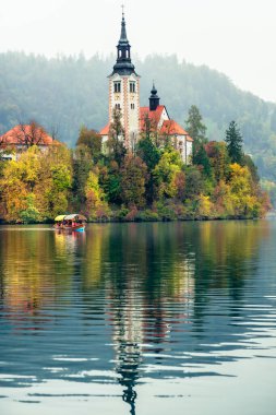 Slovenya, Bled - 16 Ekim 2024: Slovenya 'da tekneler ve mistik cazibeler arasında, Gölü' nün büyülü atmosferi sonbaharda patladı