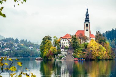 Slovenya, Bled - 16 Ekim 2024: Slovenya 'da tekneler ve mistik cazibeler arasında, Gölü' nün büyülü atmosferi sonbaharda patladı