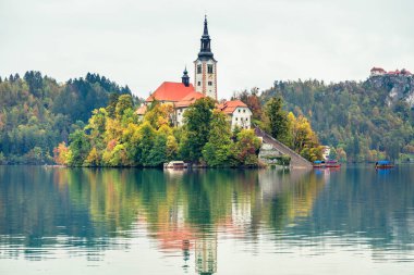 Slovenya, Bled - 16 Ekim 2024: Slovenya 'da tekneler ve mistik cazibeler arasında, Gölü' nün büyülü atmosferi sonbaharda patladı