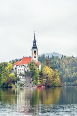 Slovenya, Bled - 16 Ekim 2024: Slovenya 'da tekneler ve mistik cazibeler arasında, Gölü' nün büyülü atmosferi sonbaharda patladı