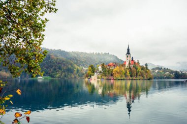 Slovenya, Bled - 16 Ekim 2024: Slovenya 'da tekneler ve mistik cazibeler arasında, Gölü' nün büyülü atmosferi sonbaharda patladı