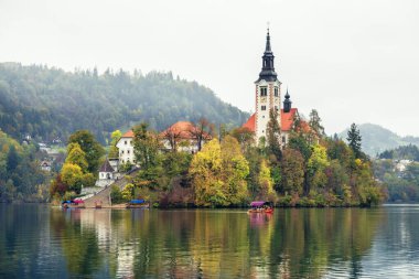 Slovenya, Bled - 16 Ekim 2024: Slovenya 'da tekneler ve mistik cazibeler arasında, Gölü' nün büyülü atmosferi sonbaharda patladı