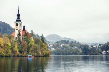 Slovenya, Bled - 16 Ekim 2024: Slovenya 'da tekneler ve mistik cazibeler arasında, Gölü' nün büyülü atmosferi sonbaharda patladı
