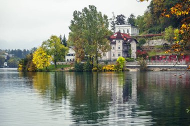 Slovenya, Bled - 16 Ekim 2024: Slovenya 'da tekneler ve mistik cazibeler arasında, Gölü' nün büyülü atmosferi sonbaharda patladı