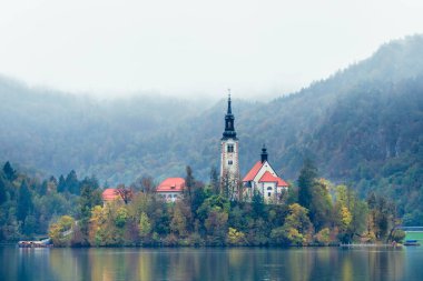 Slovenya, Bled - 16 Ekim 2024: Slovenya 'da tekneler ve mistik cazibeler arasında, Gölü' nün büyülü atmosferi sonbaharda patladı