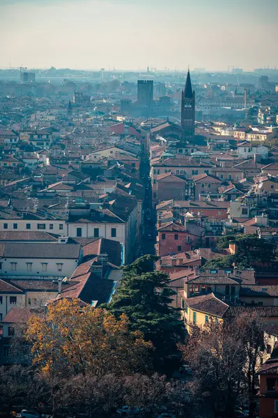 Verona, İtalya - 09 Aralık 2023: Veronas 'ın eski sokaklarına kış bakışı, basit evler ve soğuk bir cazibe